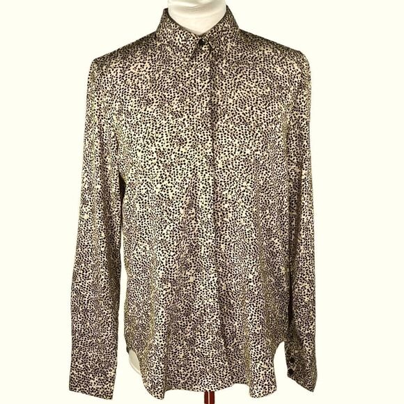 𝅺H&M Brown Animal Print Button Down Shirt Long Sleeve Wrists Buttoned Size 2 - Picture 1 of 9